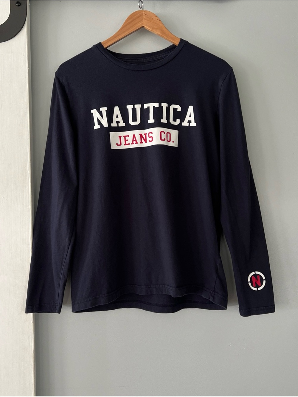 Nautica Men’s Medium Navy Blue Long Sleeve 100% Cotton Tee Logo Spellout Shirt